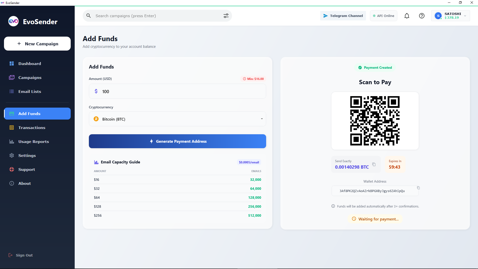EvoSender Add Funds Interface